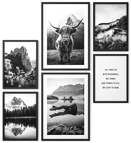 Papierschmiede® Mood Poster Set Highland Schwarz-Weiß, Gerahmte Bilder (Rahmen: Material und Farbe wählbar), Wohnzimmer Deko Schlafzimmer, 2x A3 und 4x A4, Büffel Natur Wald Berge von Papierschmiede