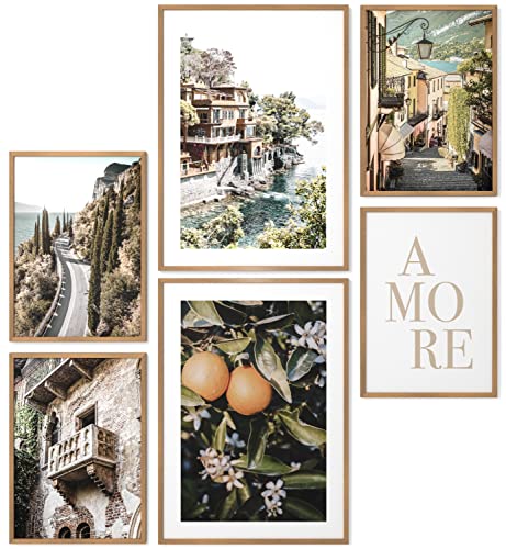 Papierschmiede® Mood Poster Set Italian Orange, Fertiges Bilder Set mit Rahmen (Holz, Natur), Wohnzimmer Deko Schlafzimmer, 2x DIN A4 und 4x DIN A5, Italien Toskana Urlaub Amore von Papierschmiede