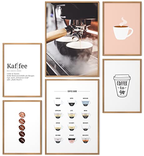 Papierschmiede® Mood Poster Set Kaffee, Gerahmte Bilder in Natur-Holzrahmen, Küche & Wohnzimmer, 2x DIN A3 und 4x DIN A4, Küche Espresso Cappuccino von Papierschmiede
