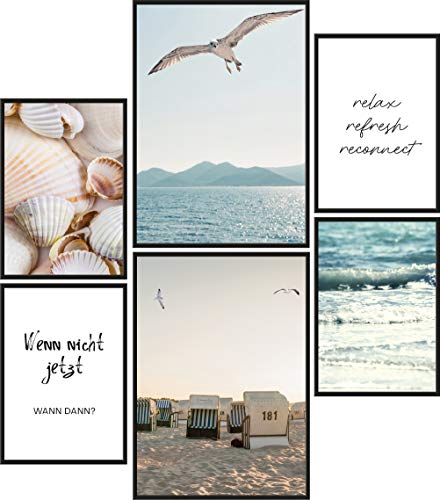 Papierschmiede® Mood Poster Set Strand und Meer, Bilder Wohnzimmer Deko Schlafzimmer, 2x DIN A4 und 4x DIN A5, Wasser Möwen Muscheln - ohne Rahmen von Papierschmiede