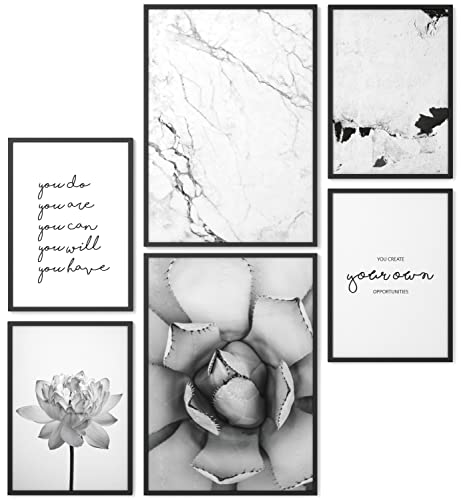 Papierschmiede® Mood Poster Set Unity Schwarz-Weiß, Fertiges Bilder Set mit Rahmen (Holz, schwarz), Wohnzimmer Deko Schlafzimmer, 2x DIN A4 und 4x DIN A5, Blume Marmor Kaktus von Papierschmiede
