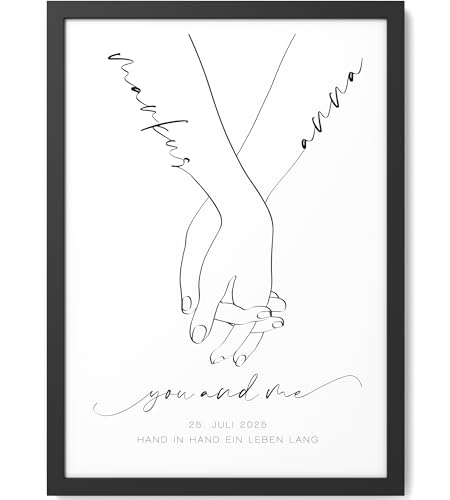 Papierschmiede® Paar Bild Personalisiert mit Namen, Datum und Ort, DIN A4 (21x30 cm) Bilderrahmen wählbar, Wandbild Hochzeitsgeschenke für Brautpaar Jahrestag Hände „Hand in Hand“ von Papierschmiede