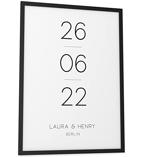 Papierschmiede® Personalisiertes Bild mit Namen und Datum | DIN A3 (30x42 cm) Bilderrahmen wählbar, Bild Wandbild Hochzeitsgeschenke für Brautpaar Jahrestag „Wedding clean“ von Papierschmiede