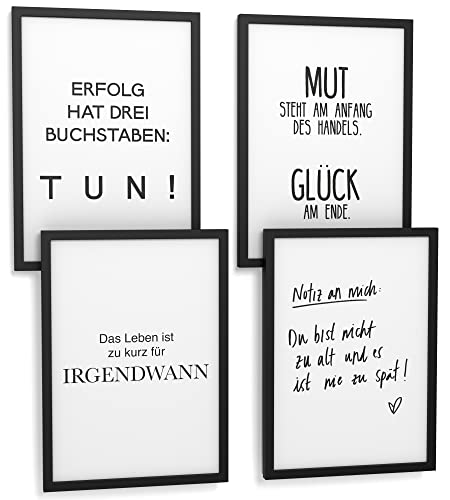 Papierschmiede® Premium Spruchbilder Set 4er mit Rahmen, DIN A4 fertig gerahmt (Material und Farbe wählbar) Motiv: Selbstmotivation, Bilder Set mit Sprüchen, Poster Typografie Wohnzimmer, Mut Glück von Papierschmiede