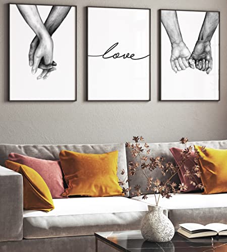 Papierschmiede® Spruch Poster Set 3er, 30x40 cm, Wohnzimmer Bilder, Wandposter Schlafzimmer Bilder Set, Designer Wand Deko, Bilder über Bett ohne Rahmen „Pencil Love Hands“ von Papierschmiede