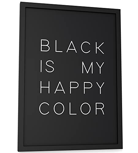 Papierschmiede® Typografie Poster, A4 fertig gerahmt (Rahmen: Material und Farbe wählbar), Wanddeko Bild mit Spruch in schwarz-weiß, Wohnzimmer, Schlafzimmer, Küche, Happy Color Black von Papierschmiede