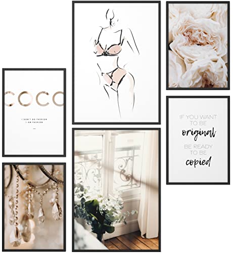 Papierschmiede® XXL Mood Poster Set Coco Female, Gerahmte Bilder (Aluminium Rahmen, Farbe wählbar), Wohnzimmer Deko Wandbilder Schlafzimmer, 2x A2 und 4x A3, Eukalyptus Frau Blüten beige von Papierschmiede