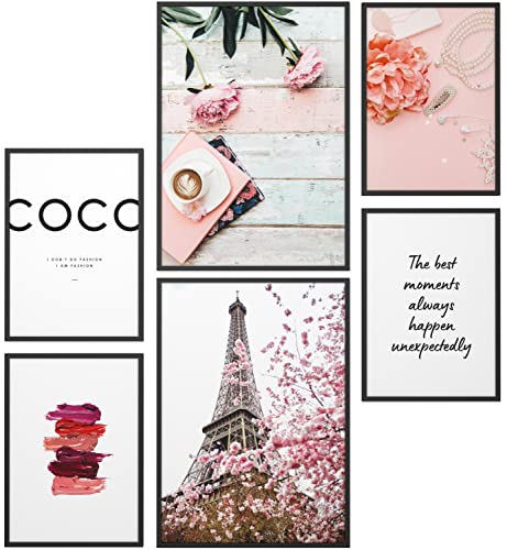 Papierschmiede® XXL Mood Poster Set Coco Girly, Gerahmte Bilder (Aluminium Rahmen, Farbe wählbar), Wohnzimmer Deko Wandbilder Schlafzimmer, 2x A2 und 4x A3, Lifestyle Glamour Schönheit Pink von Papierschmiede