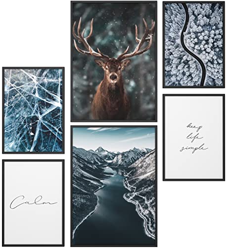 Papierschmiede® XXL Mood Poster Set Eiszeit, Gerahmte Bilder (Aluminium Rahmen, Farbe wählbar), Wohnzimmer Deko Wandbilder Schlafzimmer, 2x A2 und 4x A3, Elch Winter Schnee Blau von Papierschmiede