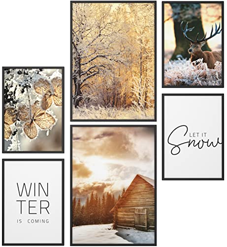 Papierschmiede® XXL Mood Poster Set Let It Snow, Gerahmte Bilder (Aluminium Rahmen, Farbe wählbar), Wohnzimmer Deko Wandbilder Schlafzimmer, 2x A2 und 4x A3, Schnee Winter von Papierschmiede