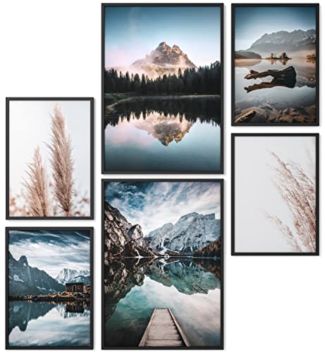 Papierschmiede® XXL Mood Poster Set Mountain View, Gerahmte Bilder (Aluminium Rahmen, Farbe wählbar), Wohnzimmer Deko Wandbilder Schlafzimmer, 2x A2 und 4x A3, Berg Wald See Pampas Gras von Papierschmiede