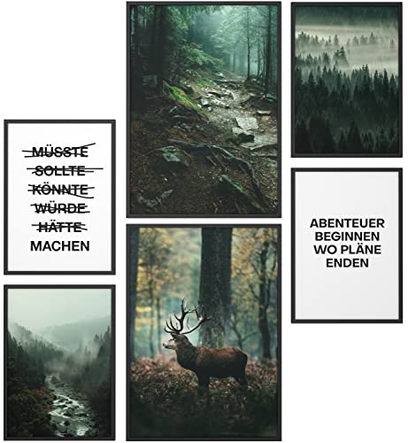 Papierschmiede® XXL Mood Poster Set Mystic Forest, Gerahmte Bilder (Aluminium Rahmen, Farbe wählbar), Wohnzimmer Deko Wandbilder Schlafzimmer, 2x A2 und 4x A3, Wald Fluss Hirsch Grün von Papierschmiede