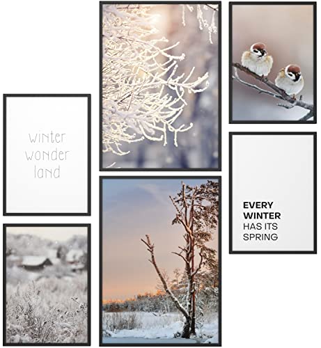 Papierschmiede® XXL Mood Poster Set Winter Wonderland, Gerahmte Bilder (Aluminium Rahmen, Farbe wählbar), Wohnzimmer Wanddeko Schlafzimmer, 2x A2 und 4x A3, Eis Kalt Schnee Lila von Papierschmiede