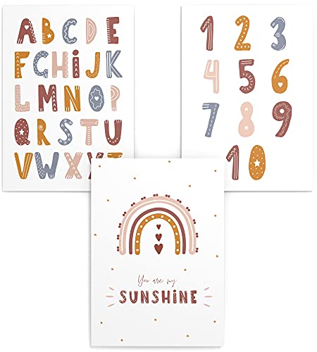 Papierschmiede® Kinderposter 3er Set Lernposter, DIN A3 (30x42 cm) Wanddeko, Geschenk für Mädchen & Jungen Kinderzimmer, bunte Buchstaben Einschulung rosa beige, Sunshine ABC Numbers von Papierschmiede