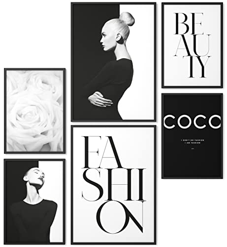 Papierschmiede® Mood Poster Set Coco Black Beauty, Bilder Wohnzimmer Deko Schlafzimmer, 2x DIN A3 (ca. 30x42) und 4x DIN A4 (ca. 21x30), Schwarz Weiß Design Rose Fashion - Wandposter ohne Rahmen von Papierschmiede