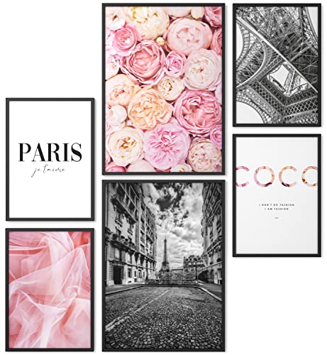 Papierschmiede® Mood Poster Set Coco Paris, Bilder Wohnzimmer Deko Schlafzimmer, 2x DIN A2 und 4x DIN A3, Blüten Pfingstrosen rosa lila schwarz weiß - Wandposter ohne Rahmen von Papierschmiede