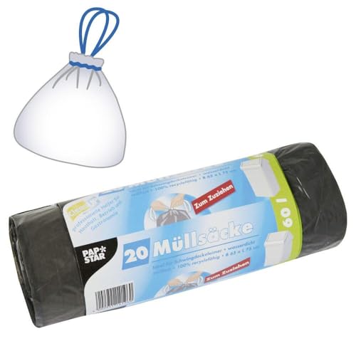 Papstar Müllsäcke / Müllbeutel (20 Stück), 60 l, Grau, aus LDPE-Folie (Stärke 22 my) mit Zugband, 75 x 65 x 75 cm, für Schwingdeckeleimer, Mülleimer, Treteimer und ähnliche Behältnisse #14196 von PAPSTAR