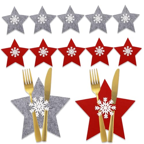 ParPix 12 Stück Besteckhalter Weihnachten Filz, Stern Bestecktasche Weihnachten Filz, Bestecktasche Filz Weihnachtsdeko Tischdeko, Rot Grau Weihnachtsdeko Tisch, Besteck Taschen für Neujahr Silvester von ParPix