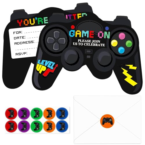 ParPix 10 Stück Gaming Einladungskarten Kindergeburtstag mit 10 Umschläge, 10 Game Aufkleber, Videospiel Geburtstagseinladungen, Game On Einladung Kindergeburtstag, Gamer Einladungskarten Geburtstag von ParPix
