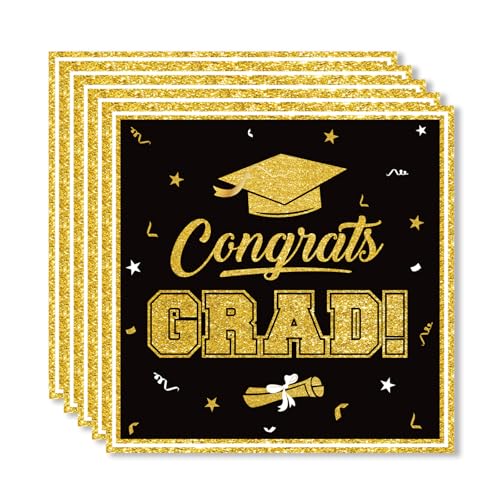 ParPix 24 Stück Abschluss Deko Servietten, 33x33cm Graduation Deko Servietten, Schwarz Gold Papierservietten Abschluss Tischdeko, Abschlussdeko Servietten, Abschluss Party Dekoration Papierservietten von ParPix