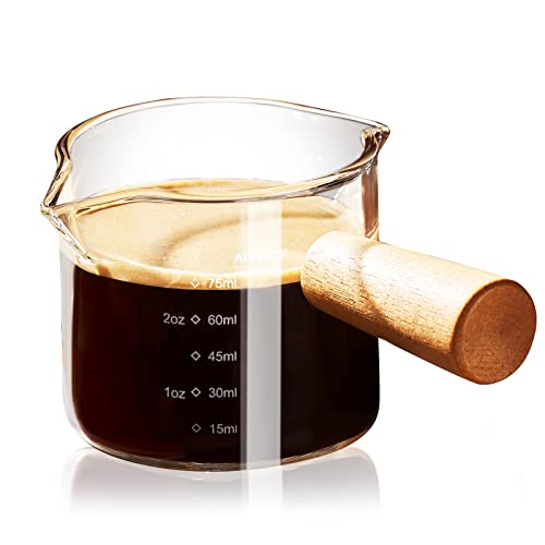 PARACITY Espressotassen mit Holzgriff, Glas-Messbecher mit zwei Ausgießern und Doppelter Graduierung, Espresso-Schnapsglas mit V-Auslauf, Espresso-Zubehör aus Klarem Glas, 75 ml kaffeetassen von ParaCity