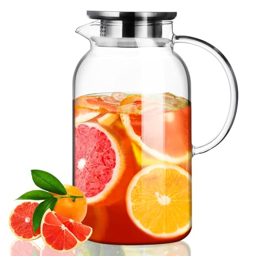 PARACITY Wasserkaraffe 1.8 Liter, Glaskaraffe mit Deckel, Heiße und kalte Glas Karaffe mit Griffen, Leicht zu reinigender wasserkrug Für Eistee, Saft, Limonade, Kaffee und Milch von ParaCity