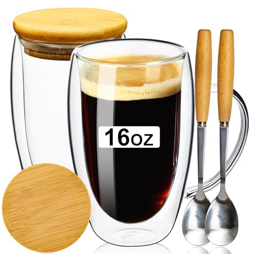 ParaCity Cappuccino Tassen 2er Set, 470ml Latte Macchiato Gläser mit Löffel und Deckel, Doppelwandige Gläser, Espressotassen aus Borosilikatglas, Kaffeegläser für Spülmaschinenfestes von ParaCity