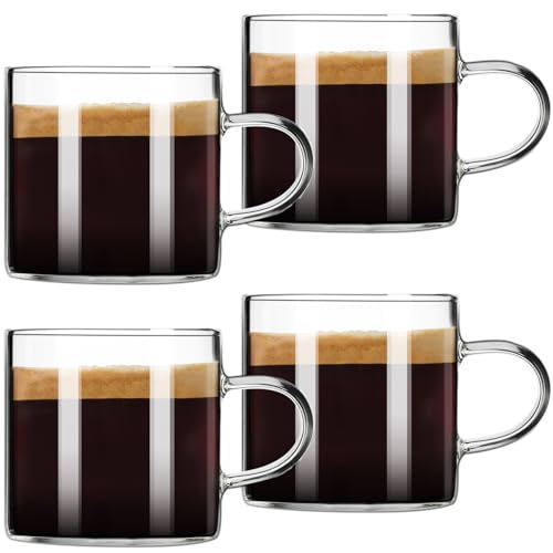 ParaCity Espressotassen Set mit 4 Stück, isoliertes Espresso Zubehör 130ML, Espresso Gläser mit hohem Borosilikatgehalt, Expresso-Kaffeetasse aus klarem Glas mit Griff, Messbecher Glas von ParaCity