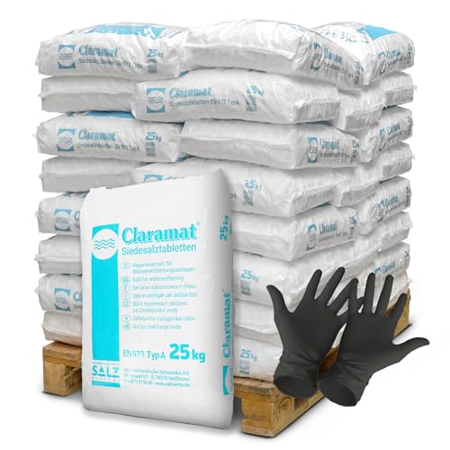 Claramat Siedesalz Tabletten 40 x 25kg (1000kg) Siedesalztabletten Regeneriersalz Enthärtersalz inklusiv 1 Paar ARNOMED Einweghandschuh von Paradies Pool GmbH