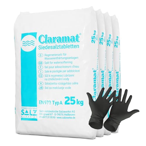 Claramat Siedesalz Tabletten 4 x 25kg (100kg) Siedesalztabletten Regeneriersalz Enthärtersalz inklusiv 1 Paar ARNOMED Einweghandschuh von Paradies Pool GmbH