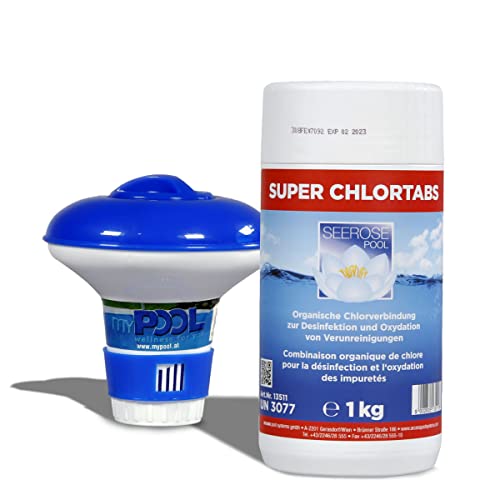Dosierschwimmer klein 12,5 cm + 1kg Super Chlortabs 20g, Seerose, schnell löslich, zur Desinfektion von kleineren Schwimmingpools von Paradies Pool GmbH