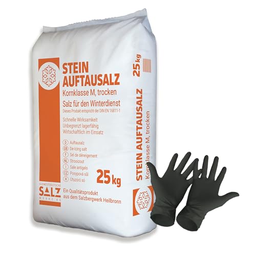 150 kg Stein Auftausalz (6 x 25 kg) Streumittel Streusalz KL-M Schnee Winter Eis Frost Premium inklusiv 1 Paar ARNOMED Einweghandschuh von Paradies Pool
