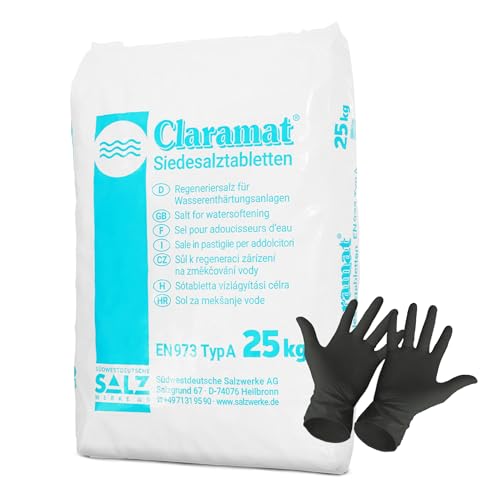 Claramat Siedesalz Tabletten 25kg Siedesalztabletten Regeneriersalz Enthärtersalz inklusiv 1 Paar ARNOMED Einweghandschuh von Paradies Pool