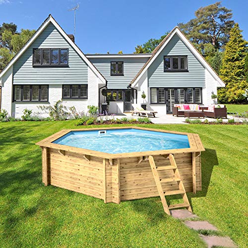 Paradies Pool® Holzpool Lani Komplettset inkl. Zubehör, Edelstahlleiter Tiefbecken, Blaue Folie mit 0,8mm Stärke, Sechseck-Pool, 421 x 118 (Ø x H), Menge: 1 Stück von Paradies Pool