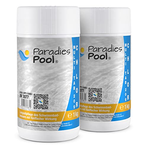 Paradies Pool Multi Tabs 20 g 2 kg, Quattro Multi Tabletten mit Chlor, Algenschutz, Flockungsmittel, pH Stabilisator, zur Wasserbehandlung, Inhalt: 2 kg von Paradies Pool