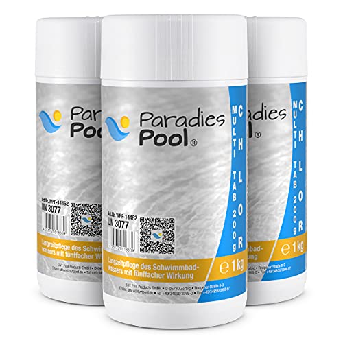 Paradies Pool Multi Tabs 200 g 3 kg, 4 in 1 Multi Tabletten mit Chlor, Algenschutz, Flockungsmittel, pH Stabilisator, zur Wasserbehandlung, Inhalt: 3 kg von Paradies Pool