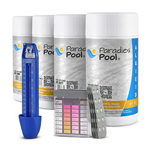 Paradies Pool Wasserpflege-Set, 6-teilig, Chlor Granulat, Algenschutz, pH Plus Minus, Pool-Reinigungsset inkl. Thermometer & Wassertestgerät von Paradies Pool