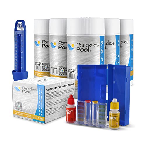 Wasserpflege-Set, 8-teilig, Chlor Granulat, Algenschutz, pH Plus Minus, Multi-Tabletten, Flockkartuschen, Pool-Reinigungsset inkl. Thermometer & Wassertester von Paradies Pool