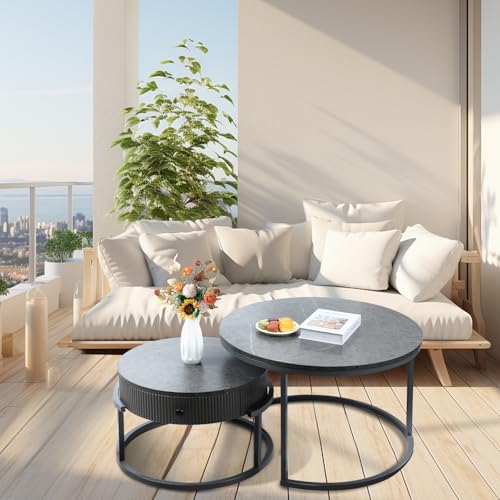 Runde Couchtische-Set: graue Marmor-Beistelltische, 2er-Set, moderne stapelbare Beistelltische aus Metall für Wohnzimmer, kleine Räume von Paradmas