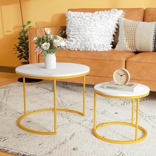 Runde stapelbare Couchtische-Set: Weißgold-Marmor Couchtisch 2er-Set – Moderner stapelbarer Beistelltisch aus Metall für Wohnzimmer kleine Räume von Paradmas