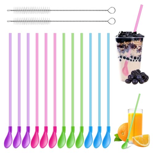 12 Stück Trinkhalme Löffel,2 in 1 Löffel-Strohhalme,Wiederverwendbare Plastik Strohhalme Löffel mit 2 Reinigungsbürsten,Latte Macchiato Löffel,Löffelstrohhalme Für Latte Milchshakes Cocktail von Parastar