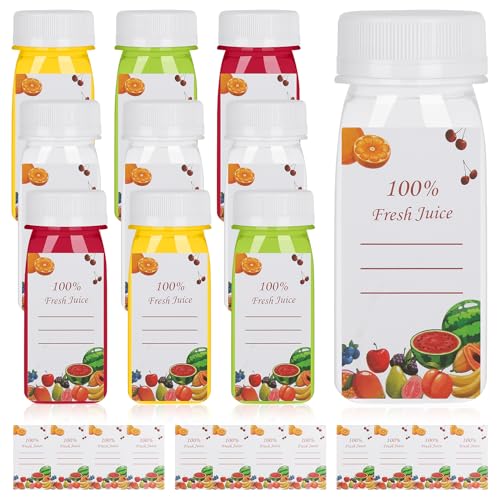 Parastar 10 Stück Saftflaschen zum Befüllen,100ml Wiederverwendbare PET Saftflaschen Kunststoff mit Deckel,Mini Plastikflasche mit Aufkleber,Transparente Leere Kleine Flasche für Saft,Getränke,Wasser von Parastar