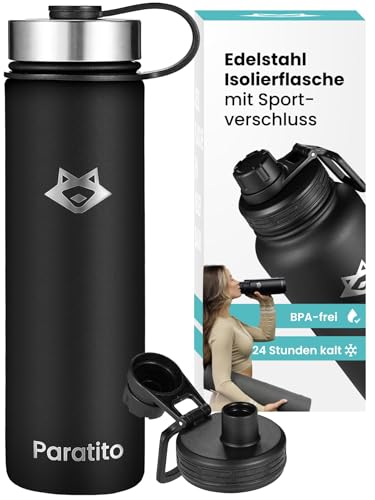 Paratito® Thermo Trinkflasche Edelstahl für Kohlensäure mit Sportverschluss I Metall isoliert für Sport und Wandern -Outdoor Thermoskanne für heiße & kalte Getränke I Spülmaschinenfest I 650ml von Paratito