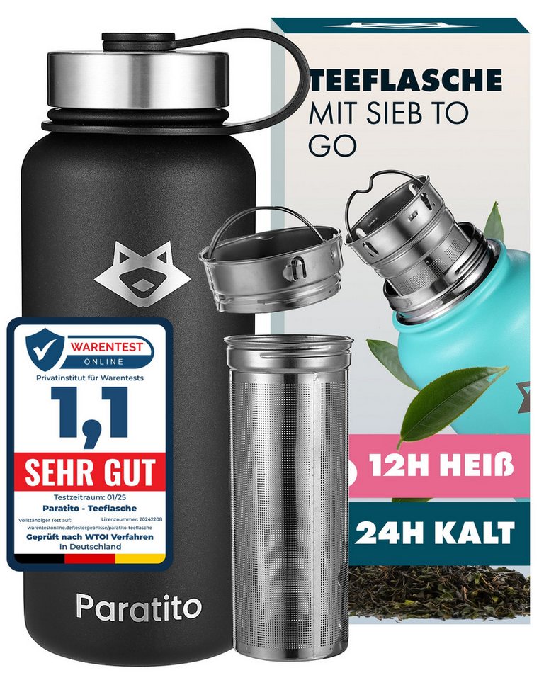 Paratito Isolierflasche Paratito® Thermosflasche mit Teesieb - Teeflasche mit Sieb To Go 1L, BPA-frei, Edelstahl, Liter, Teesieb von Paratito