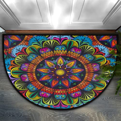 Indische Fußmatte mit Mandala-Blumenmuster, halbrund, für den Außenbereich, groß, 61 x 91,4 cm, halber Kreis, Willkommenseingang, Eingangsbereich, halbrunde Vordertürmatte, Teppich für Garage, von Pardick