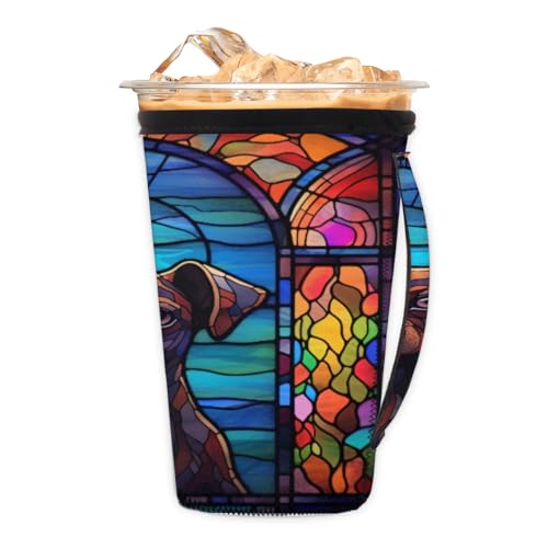 Neopren-Eiskaffee-Hülle, lustiger Hund, Glas, bemalt, wiederverwendbar, Teetassenhülse mit Griff, Kaltgetränkekühler, kompatible Dunkin-Becher für Eis- und Heißgetränke, L (850 - 907 ml) von Pardick
