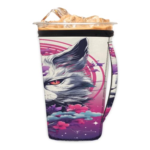 Neopren-Eiskaffee-Hülle, violette Blume, Löwe, wiederverwendbare Teetassenhülse mit Griff, Kaltgetränkekühler, kompatible Dunkin-Becher für Eis- und Heißgetränke, M (680 - 800 ml) von Pardick