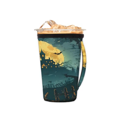 Wiederverwendbare Eiskaffeetassen-Hülle, Halloween, Hexenschloss, Neopren, isolierte Ärmel, Becherhalter mit Griff, ideal für 473 ml – 510 ml von Pardick