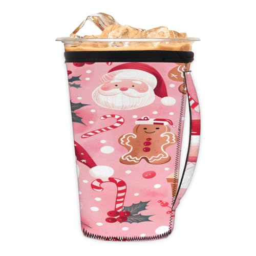 Wiederverwendbare Eiskaffeetassen-Hülle, Weihnachtsmann, Neopren, isolierte Ärmel, Becherhalter mit Griff, ideal für 850 ml – 907 ml von Pardick
