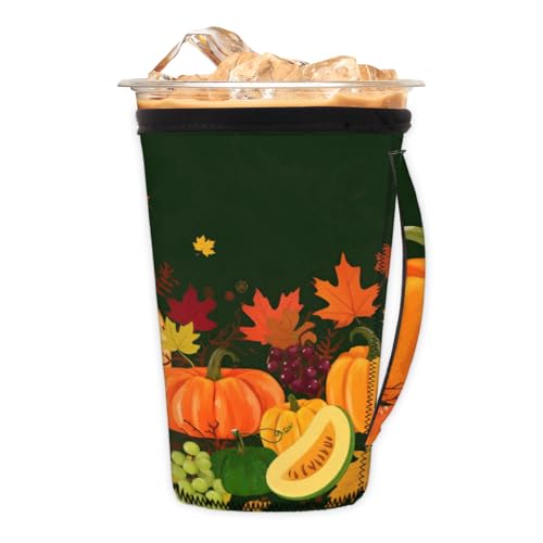 Wiederverwendbare Eiskaffeetassen-Hülle aus Neopren isolierte Hüllen Becherhalter Kaffeehüllen mit Griff für kalte Getränke Tumbler Cup (Autumn Pumpkin, M) von Pardick